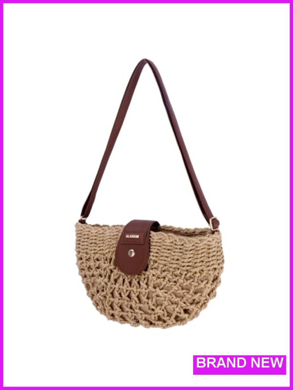 Handwoven Straw Crossbody Bag with Zipper & Magnetic Closure, Adjustable Strap